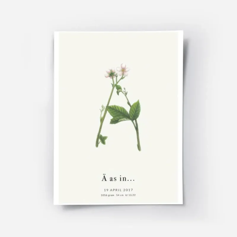 affiche botanique personnalisee avec la lettre a formee par des fleurs et du tex.webp