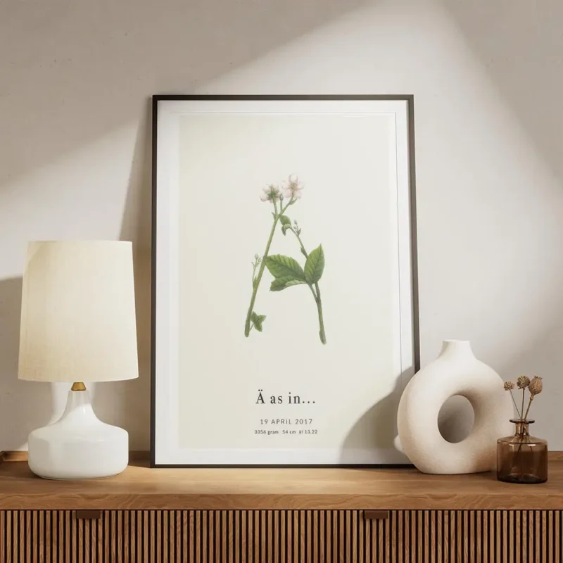 affiche botanique personnalisee avec la lettre a formee par des fleurs et du tex meuble.webp
