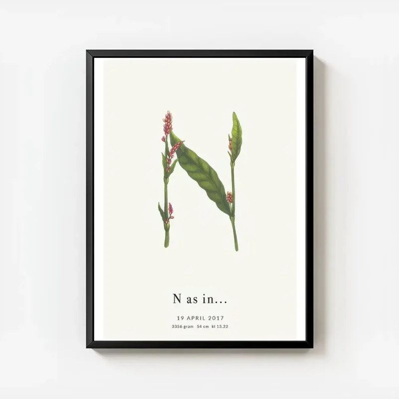 affiche botanique personnalisee avec la lettre n formee de feuilles vertes et de avec cadre.webp