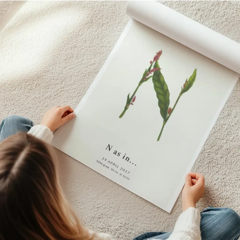affiche botanique personnalisee avec la lettre n formee de feuilles vertes et de en rouleau.webp
