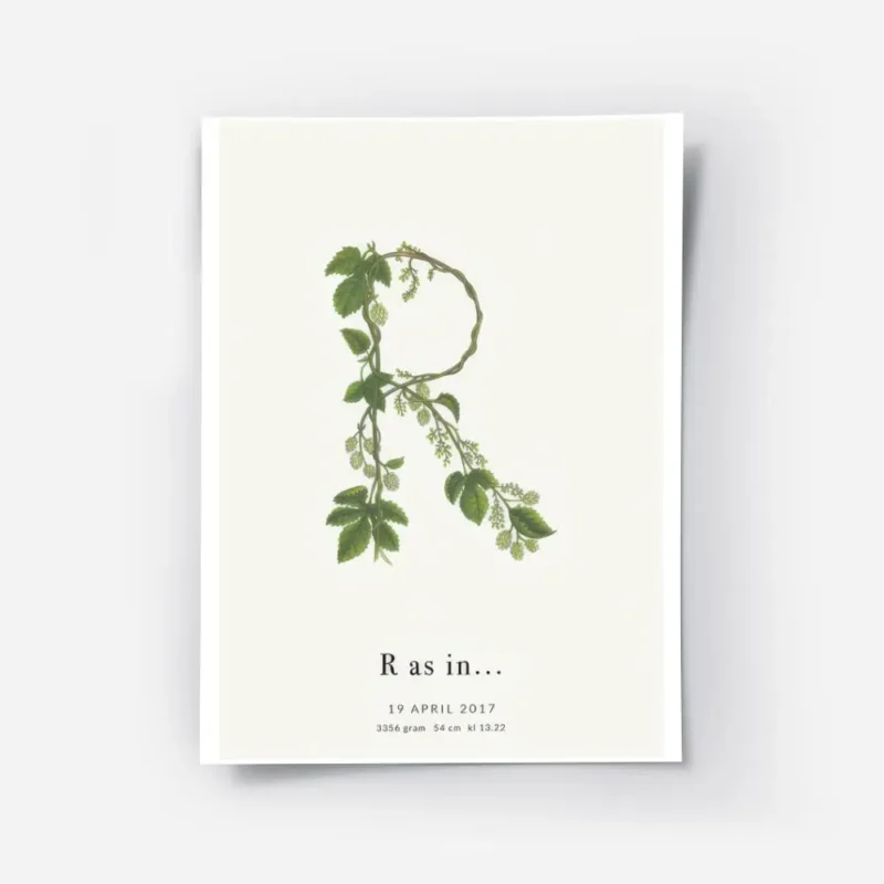 affiche botanique personnalisee avec la lettre r formee de feuilles vertes et de.webp