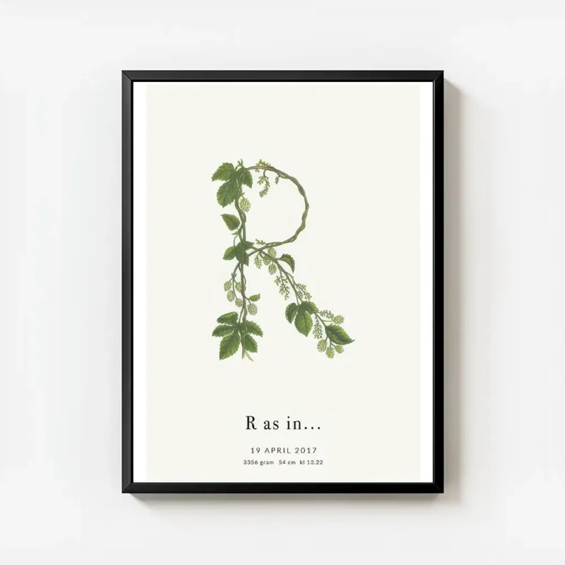 affiche botanique personnalisee avec la lettre r formee de feuilles vertes et de avec cadre.webp