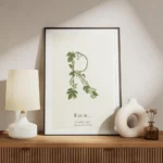 affiche botanique personnalisee avec la lettre r formee de feuilles vertes et de meuble.webp