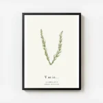 affiche botanique personnalisee avec la lettre v formee de feuilles vertes et du avec cadre.webp
