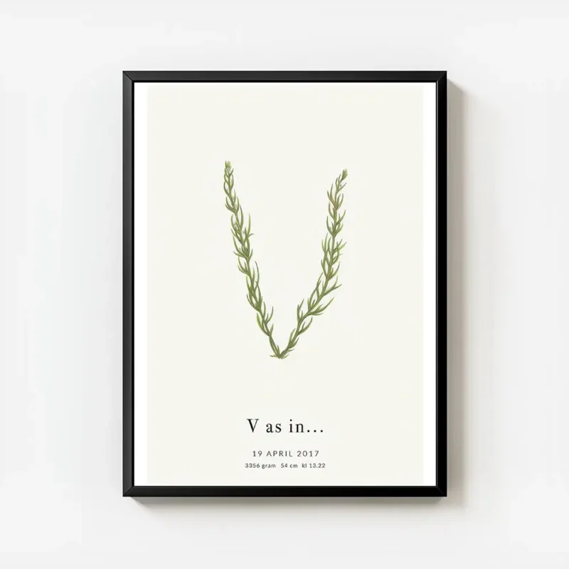 affiche botanique personnalisee avec la lettre v formee de feuilles vertes et du avec cadre.webp