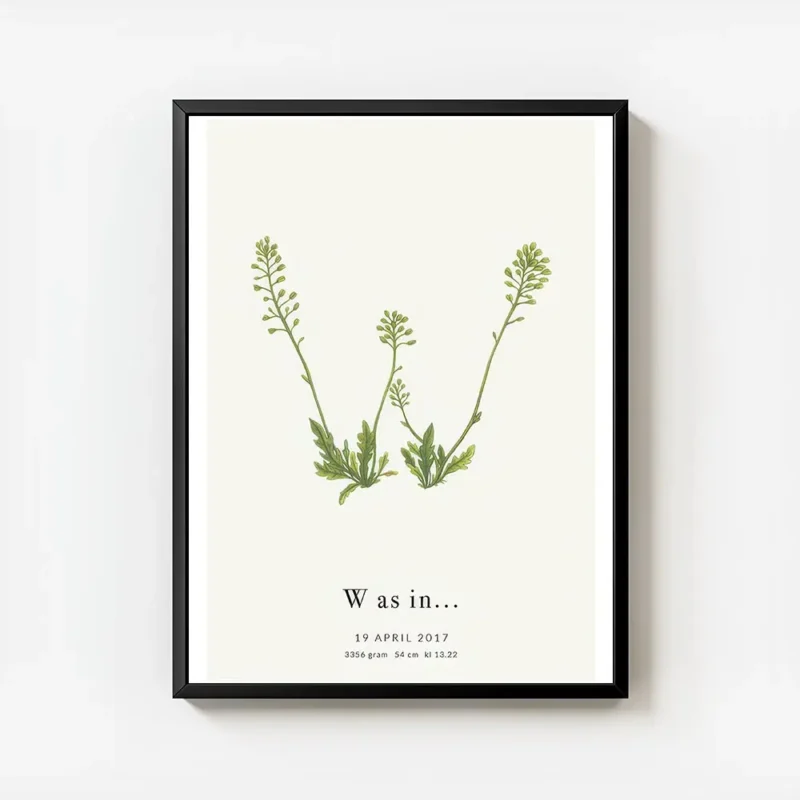 affiche botanique personnalisee avec la lettre w formee par des fleurs vertes et avec cadre.webp