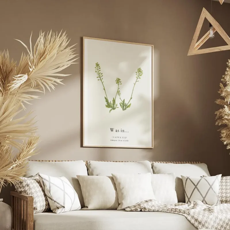 affiche botanique personnalisee avec la lettre w formee par des fleurs vertes et salon.webp