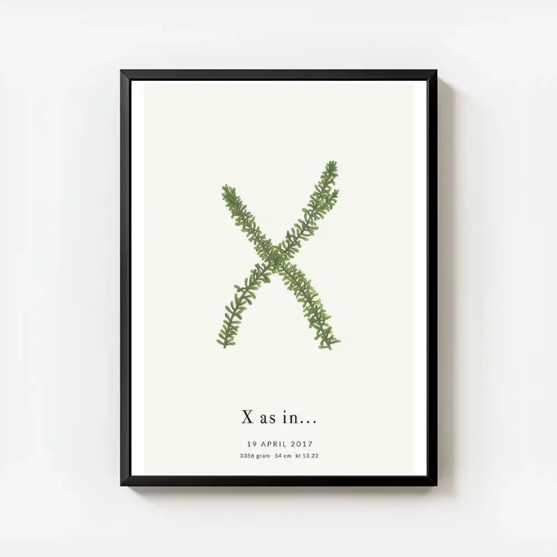 affiche botanique personnalisee avec la lettre x formee par des feuilles vertes avec cadre.webp