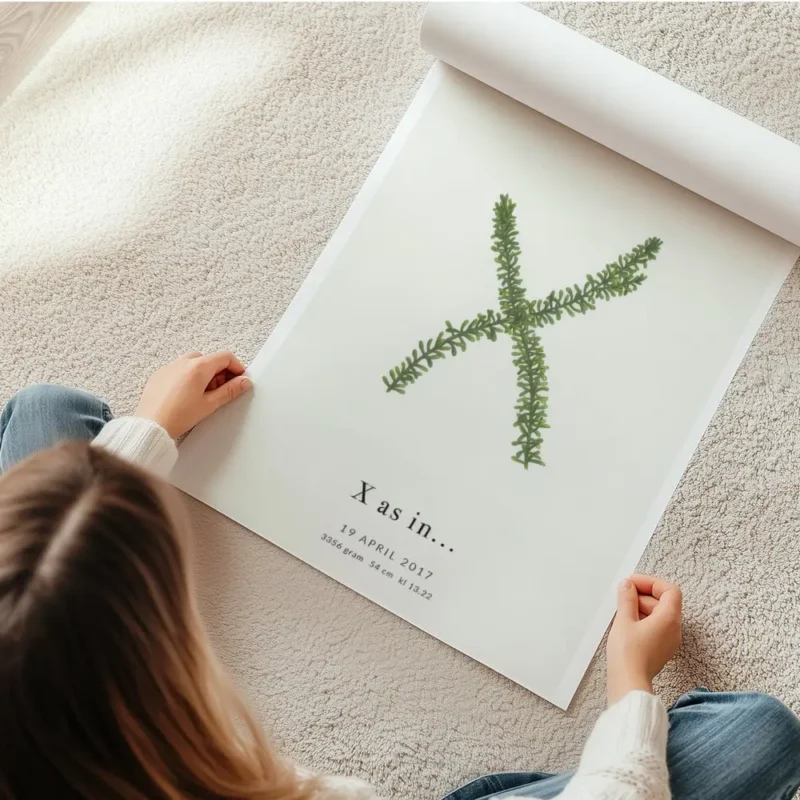 affiche botanique personnalisee avec la lettre x formee par des feuilles vertes en rouleau.webp