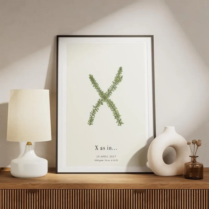 affiche botanique personnalisee avec la lettre x formee par des feuilles vertes meuble.webp