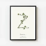 affiche botanique personnalisee avec la lettre z formee par une plante et du tex avec cadre.webp
