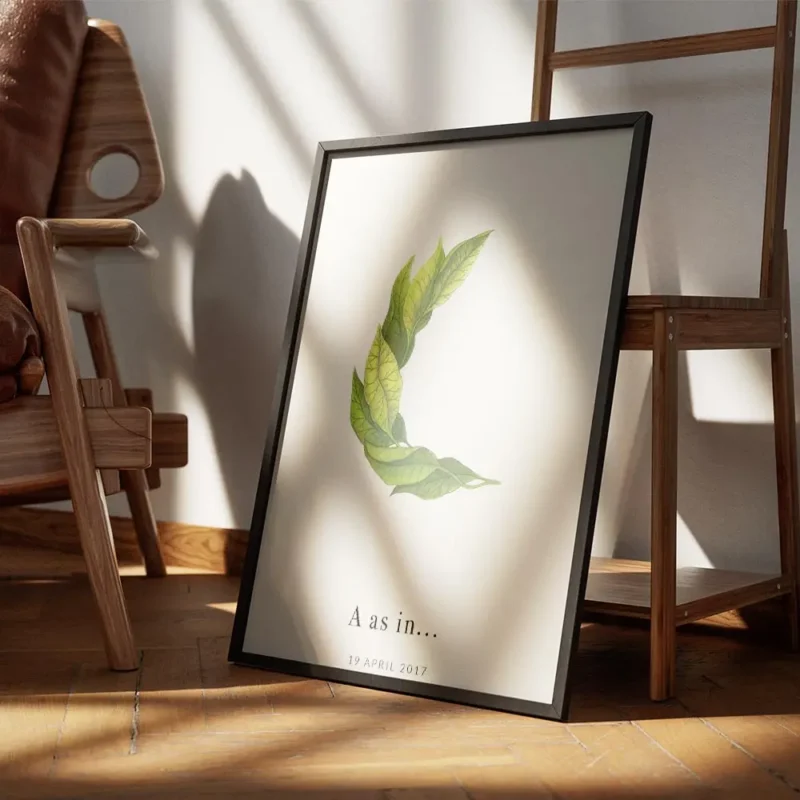 affiche botanique personnalisee avec une lettre c formee de feuilles vertes et d encadre.webp