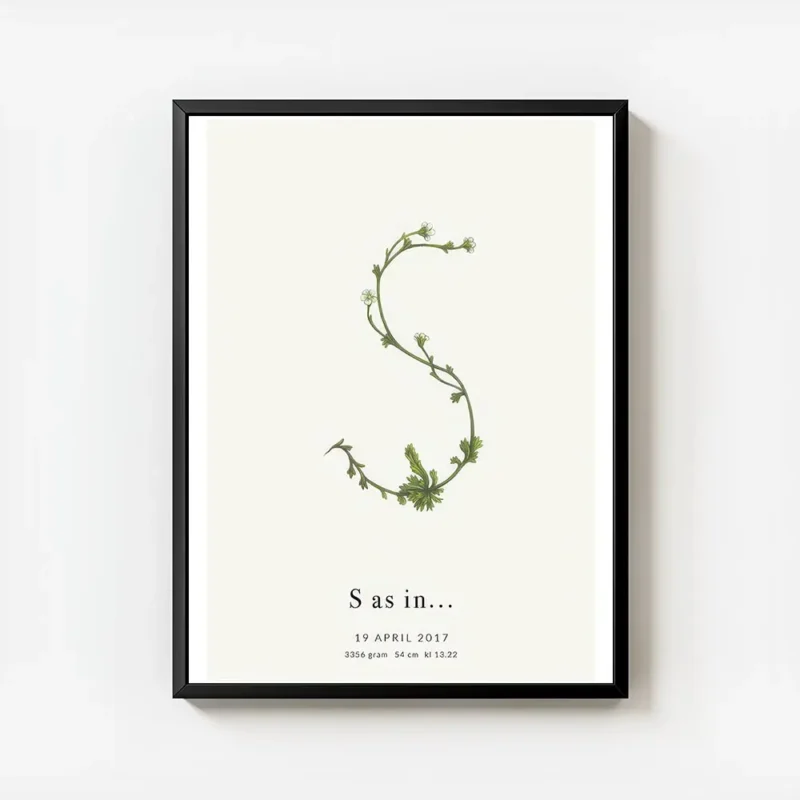 affiche botanique personnalisee avec une plante formant la lettre s sur fond bei avec cadre.webp