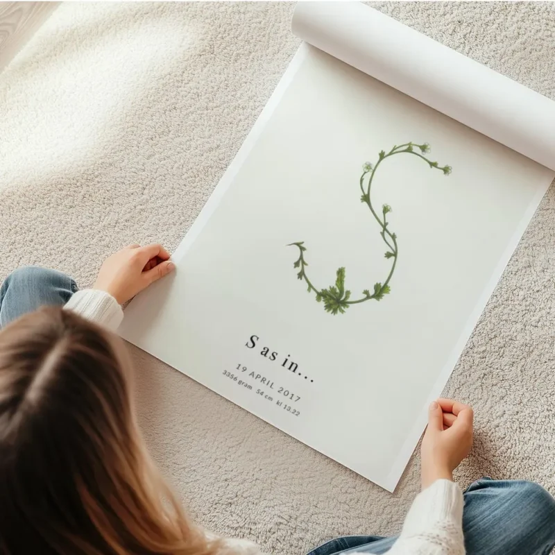 affiche botanique personnalisee avec une plante formant la lettre s sur fond bei en rouleau.webp