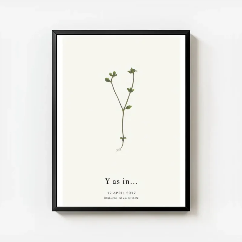 affiche botanique personnalisee avec une plante verte en forme de lettre y sur f avec cadre.webp