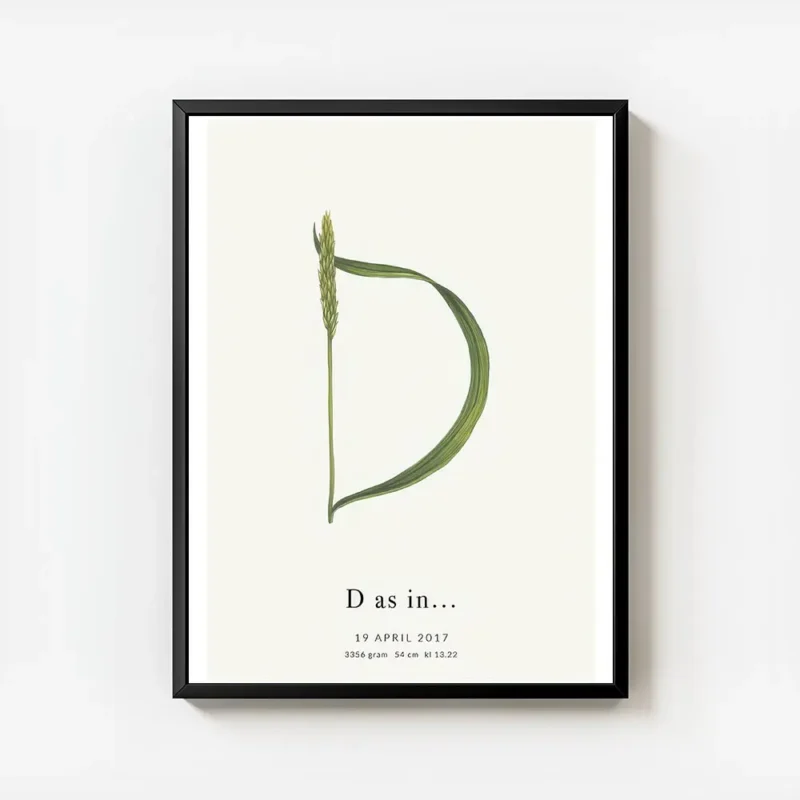 affiche botanique personnalisee avec une plante verte formant la lettre d et du avec cadre.webp