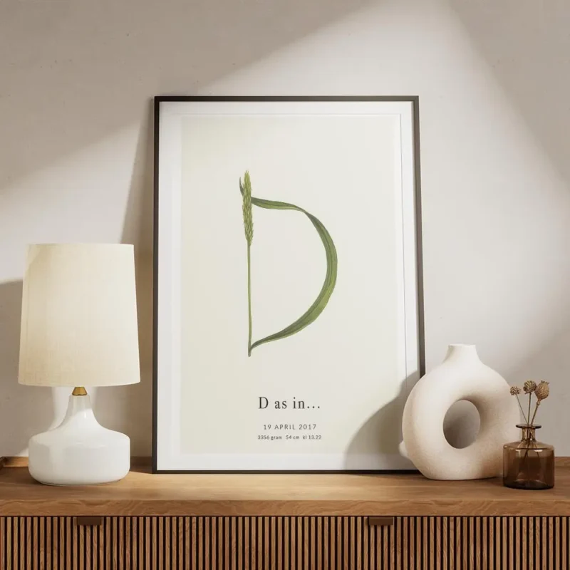 affiche botanique personnalisee avec une plante verte formant la lettre d et du meuble.webp