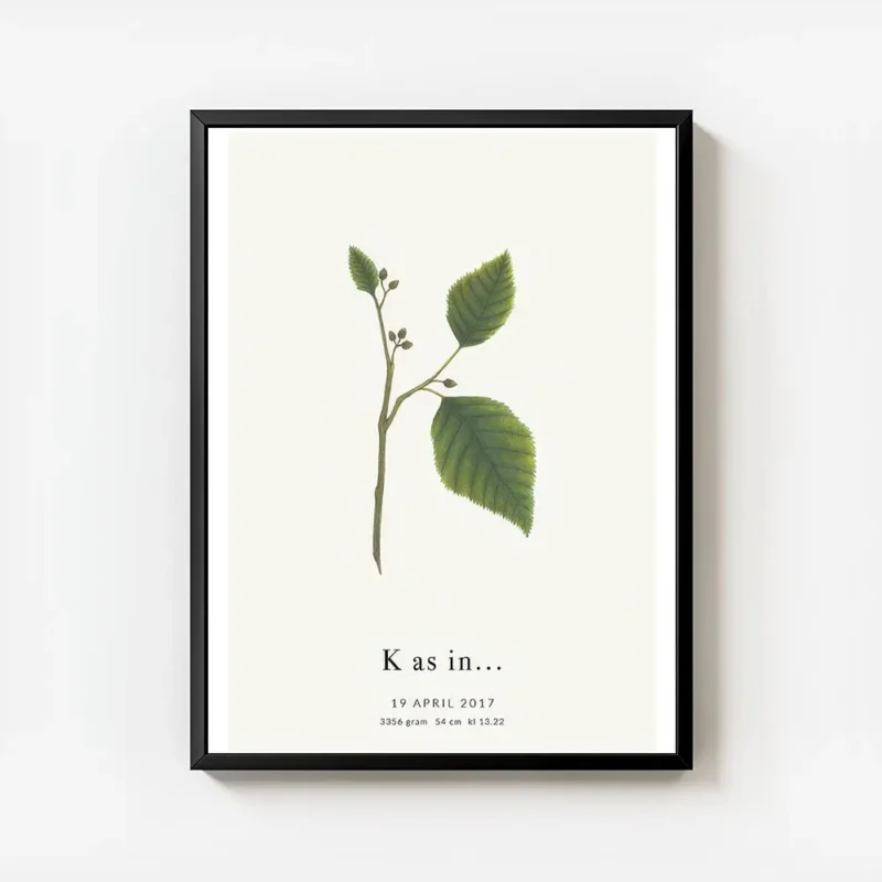affiche botanique personnalisee avec une typographie k formee par des feuilles v avec cadre.webp