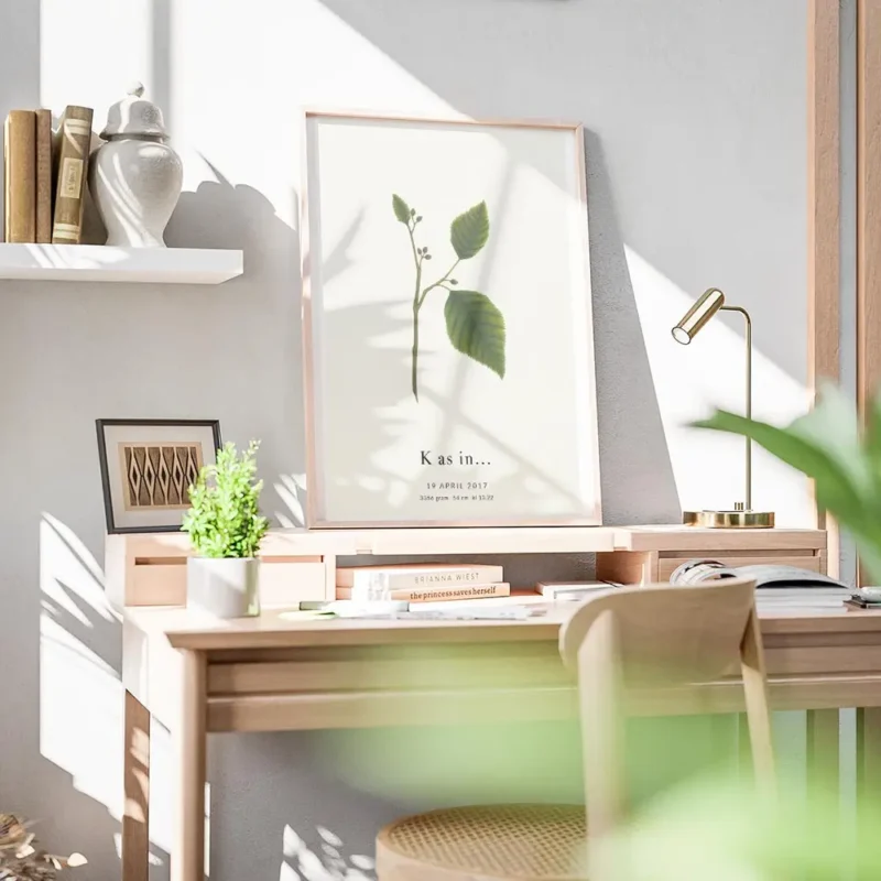 affiche botanique personnalisee avec une typographie k formee par des feuilles v bureau.webp