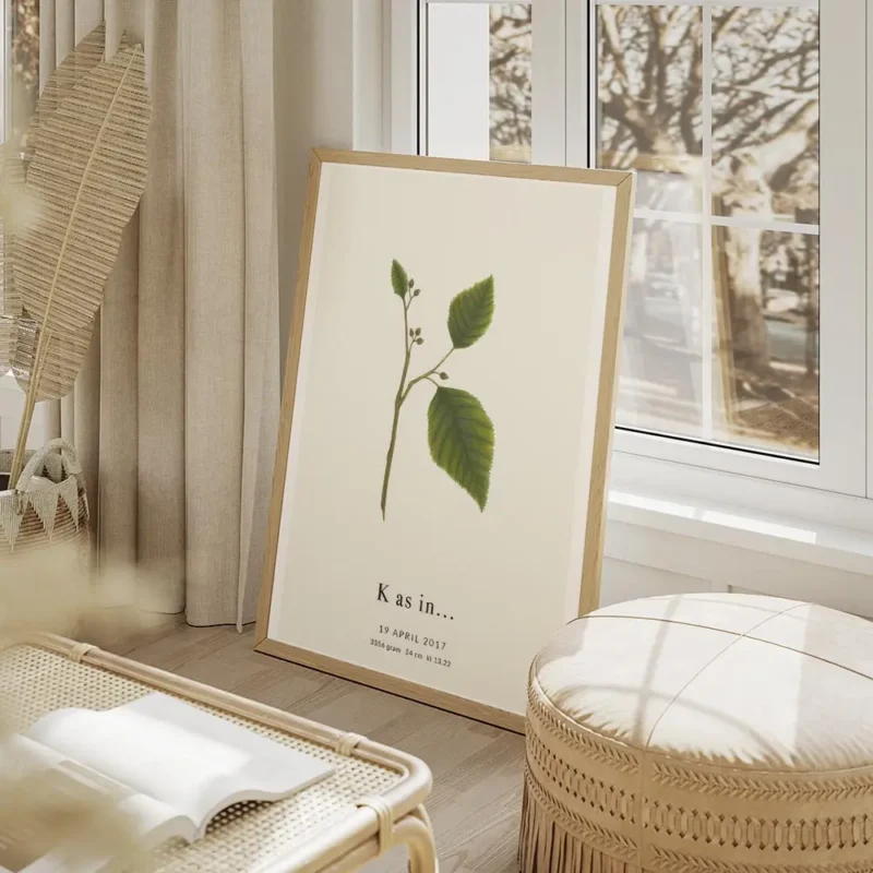 affiche botanique personnalisee avec une typographie k formee par des feuilles v salon beige.webp