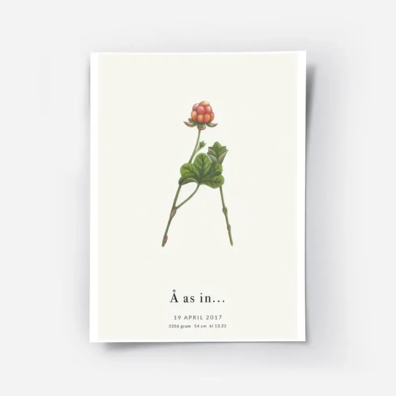affiche botanique personnalisee lettre a formee par des feuilles et une baie sur.webp