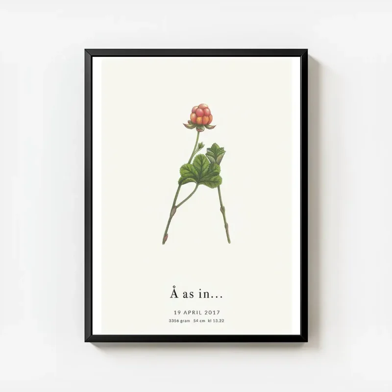 affiche botanique personnalisee lettre a formee par des feuilles et une baie sur avec cadre.webp