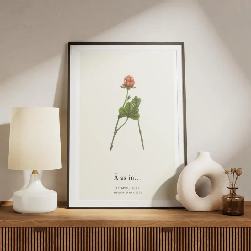 affiche botanique personnalisee lettre a formee par des feuilles et une baie sur meuble.webp