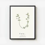 affiche botanique personnalisee lettre u formee par des feuilles vertes avec typ avec cadre.webp