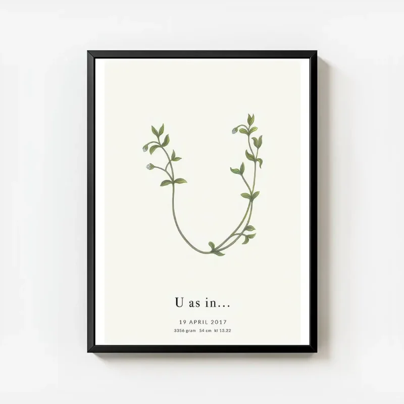 affiche botanique personnalisee lettre u formee par des feuilles vertes avec typ avec cadre.webp
