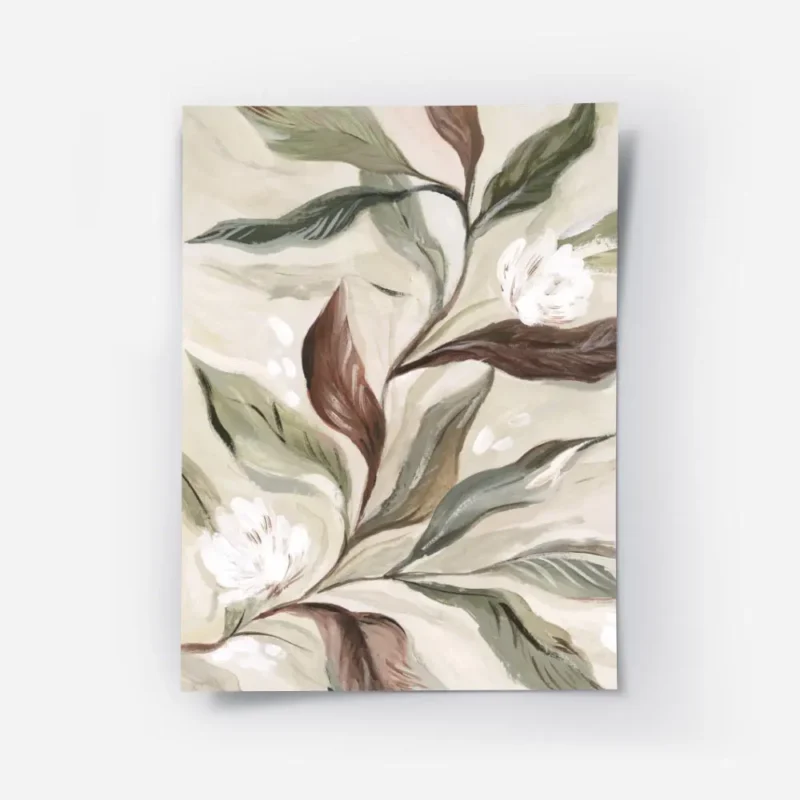 affiche botanique rustique feuilles vertes et brunes fleurs blanches sur fond cr.webp