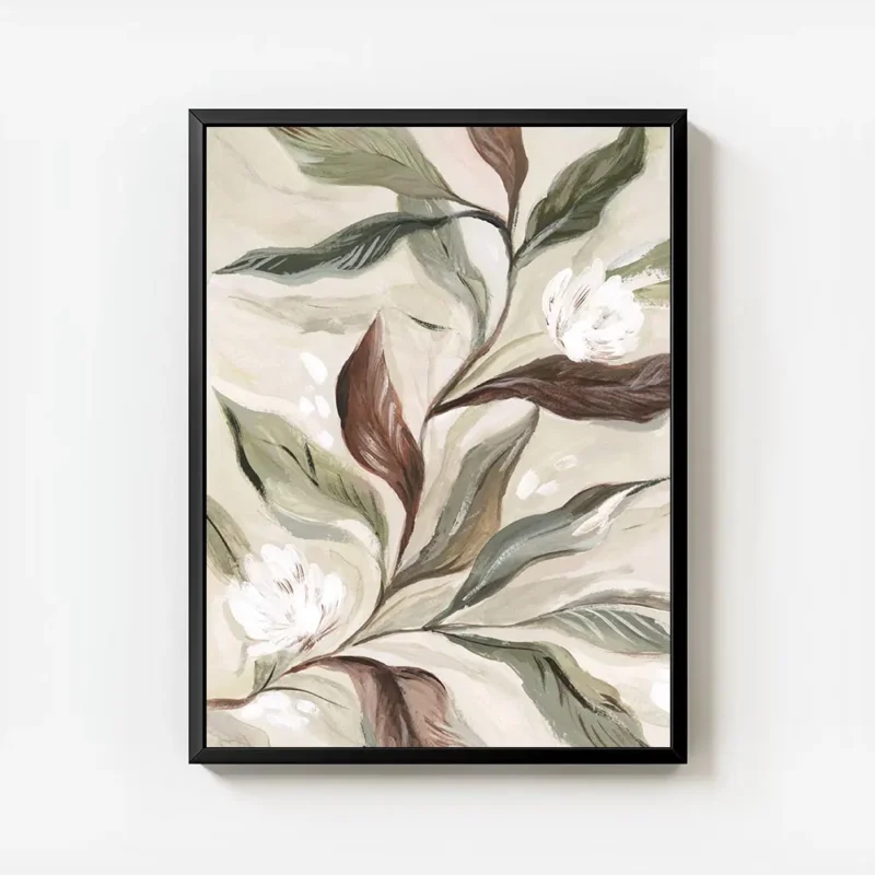 affiche botanique rustique feuilles vertes et brunes fleurs blanches sur fond cr avec cadre.webp