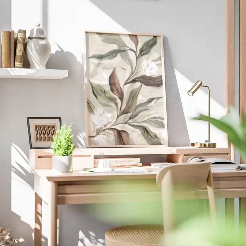 affiche botanique rustique feuilles vertes et brunes fleurs blanches sur fond cr bureau.webp