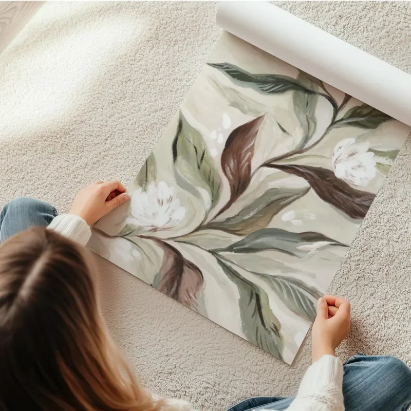 affiche botanique rustique feuilles vertes et brunes fleurs blanches sur fond cr en rouleau.webp