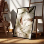 affiche botanique rustique feuilles vertes et brunes fleurs blanches sur fond cr encadre.webp