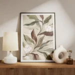 affiche botanique rustique feuilles vertes et brunes fleurs blanches sur fond cr meuble.webp