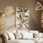 affiche botanique rustique feuilles vertes et brunes fleurs blanches sur fond cr salon.webp