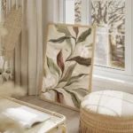 affiche botanique rustique feuilles vertes et brunes fleurs blanches sur fond cr salon beige.webp