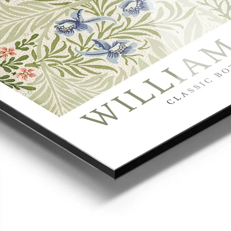 affiche botanique vintage de william morris motif floral avec des fleurs bleues aluminium.webp
