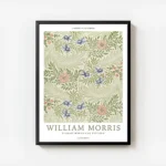 affiche botanique vintage de william morris motif floral avec des fleurs bleues avec cadre.webp