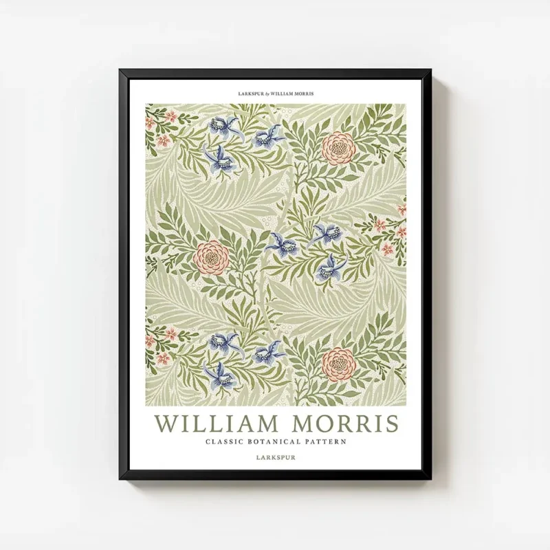 affiche botanique vintage de william morris motif floral avec des fleurs bleues avec cadre.webp