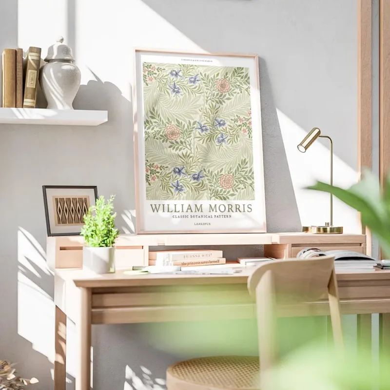 affiche botanique vintage de william morris motif floral avec des fleurs bleues bureau.webp