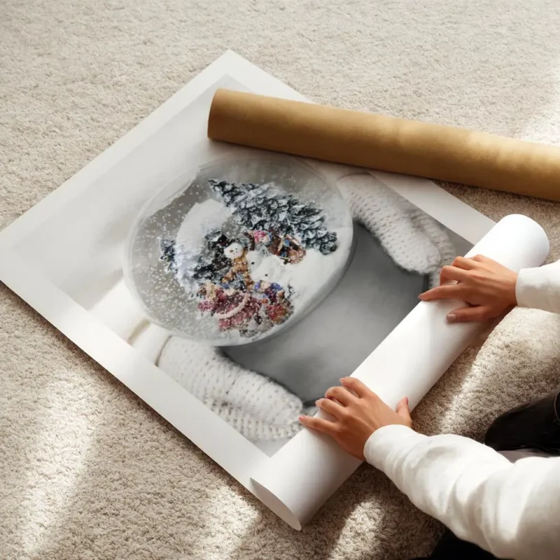 affiche boule a neige avec bonhomme de neige sapins et enfants tenue par des mai enroule.webp