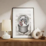 affiche boule a neige avec bonhomme de neige sapins et enfants tenue par des mai meuble.webp