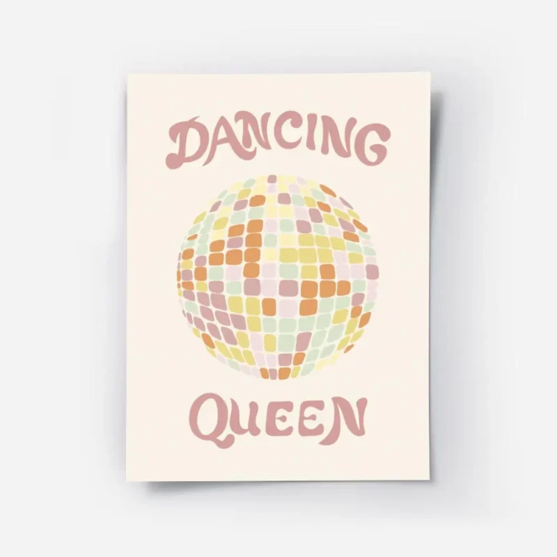 affiche boule disco retro coloree aux couleurs pastel avec typographie dancing q.webp