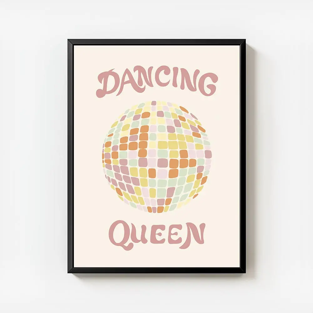affiche boule disco retro coloree aux couleurs pastel avec typographie dancing q avec cadre.webp