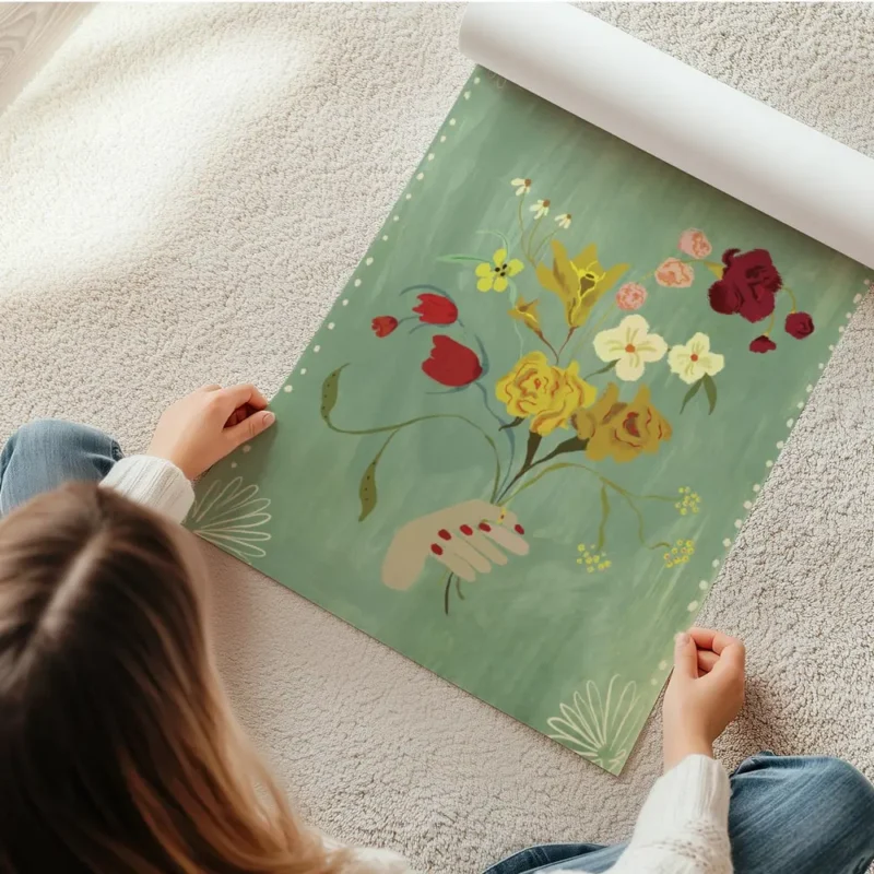 affiche bouquet sauvage aux fleurs vibrantes main tenant des fleurs sur un fond en rouleau.webp