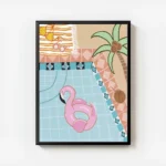 affiche britty flynn dun flamant rose gonflable dans une piscine avec un palmier avec cadre.webp