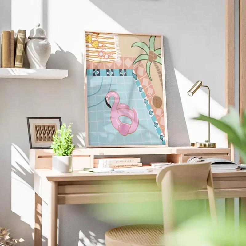 affiche britty flynn dun flamant rose gonflable dans une piscine avec un palmier bureau.webp