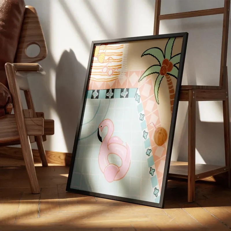 affiche britty flynn dun flamant rose gonflable dans une piscine avec un palmier encadre.webp