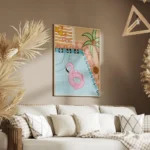 affiche britty flynn dun flamant rose gonflable dans une piscine avec un palmier salon.webp